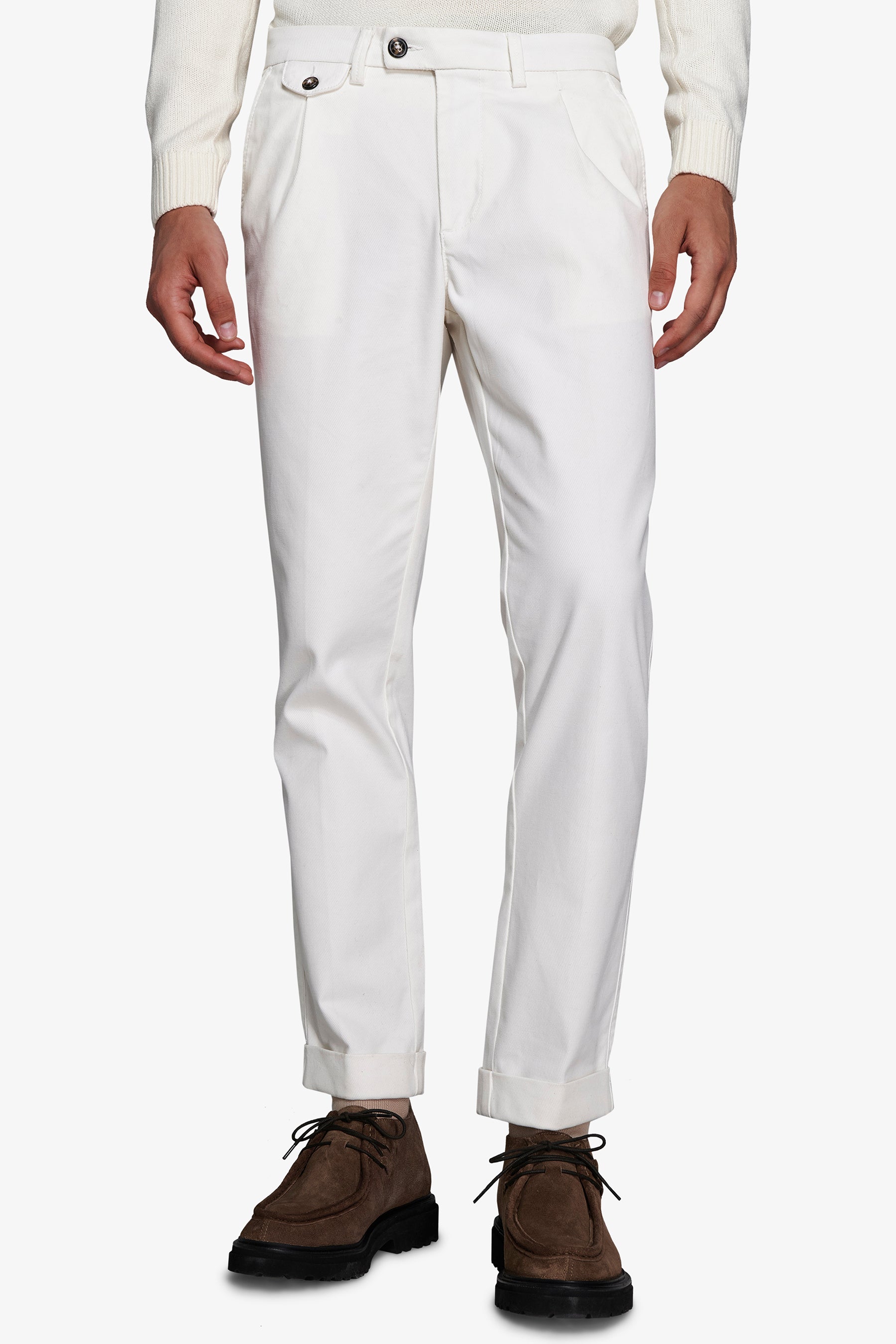 Pantalón de sarga de algodón elástico azul y blanco roto