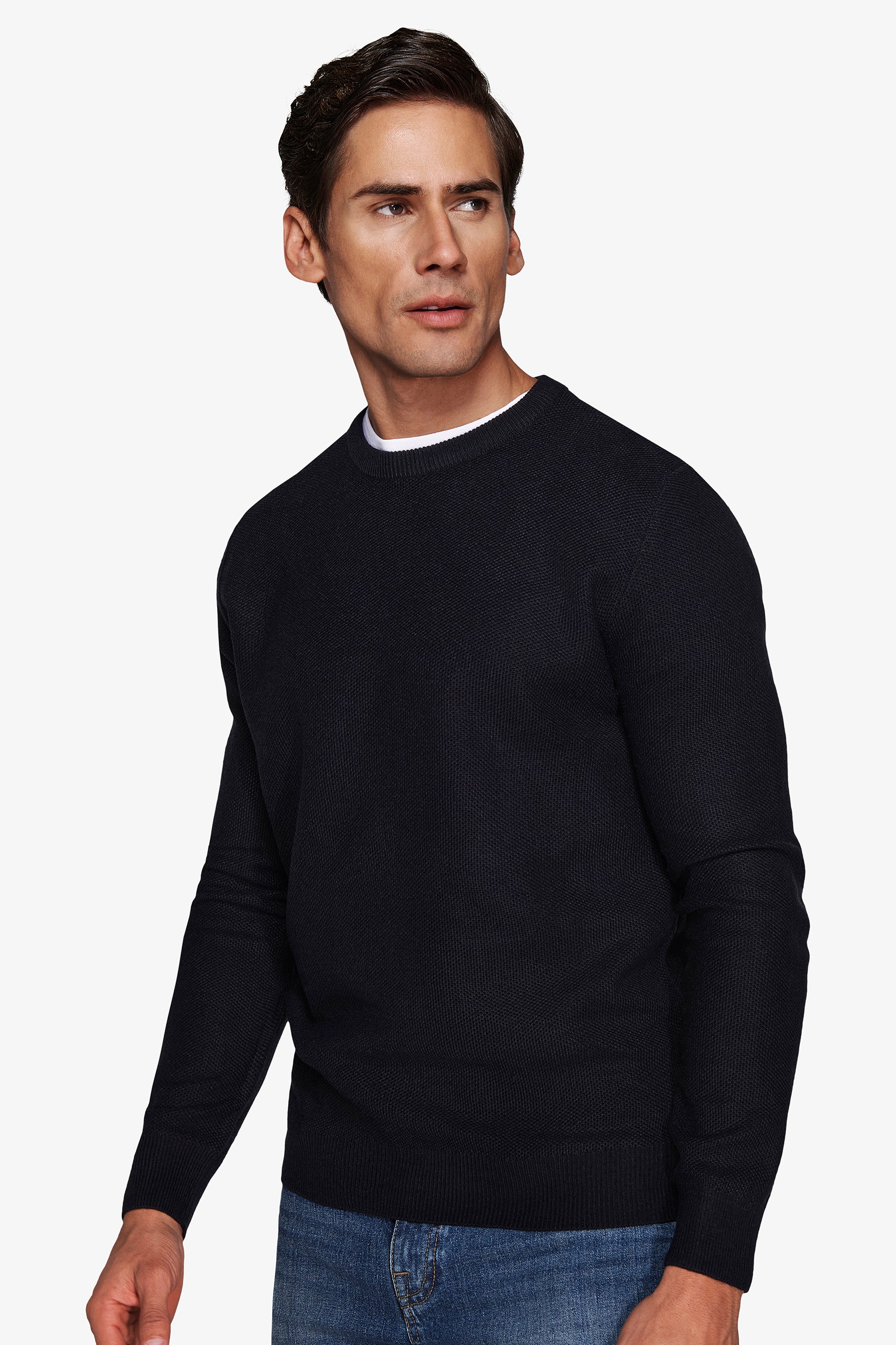 Jersey de cuello redondo texturizado de punto de arroz azul