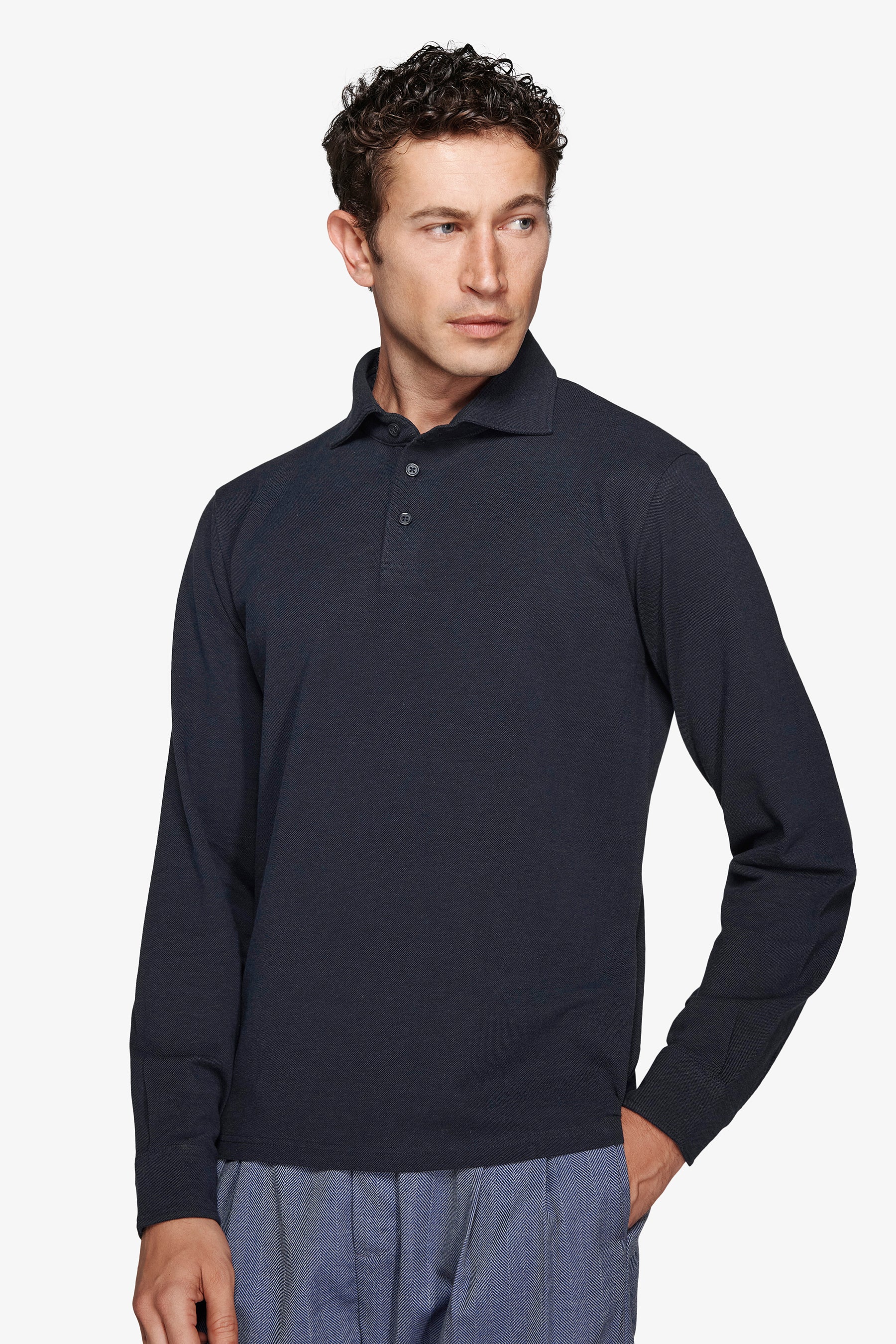 Polo de piqué elástico con cuello camisero azul azafata