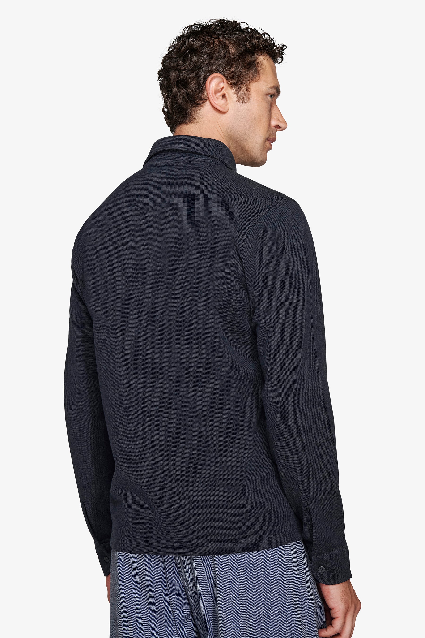 Polo de piqué elástico con cuello camisero azul azafata