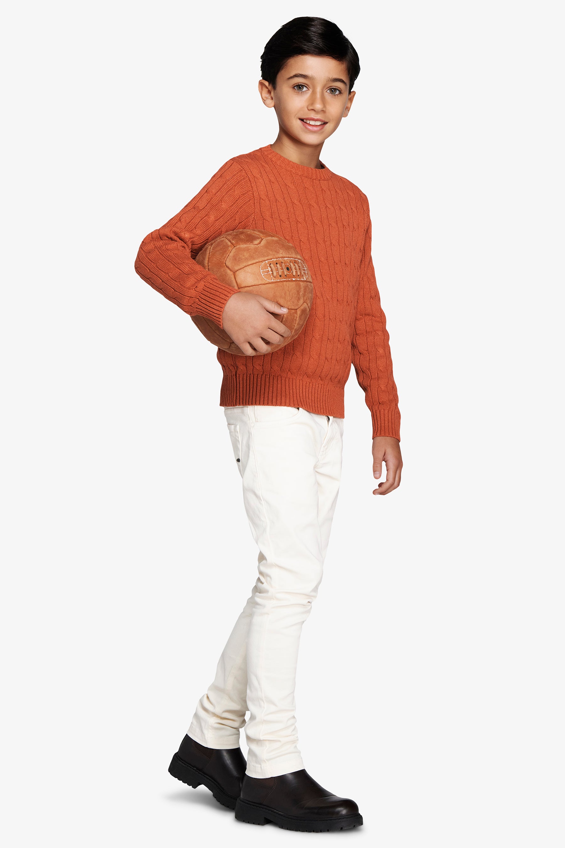 Suéter de cuello redondo con trenza naranja para niños