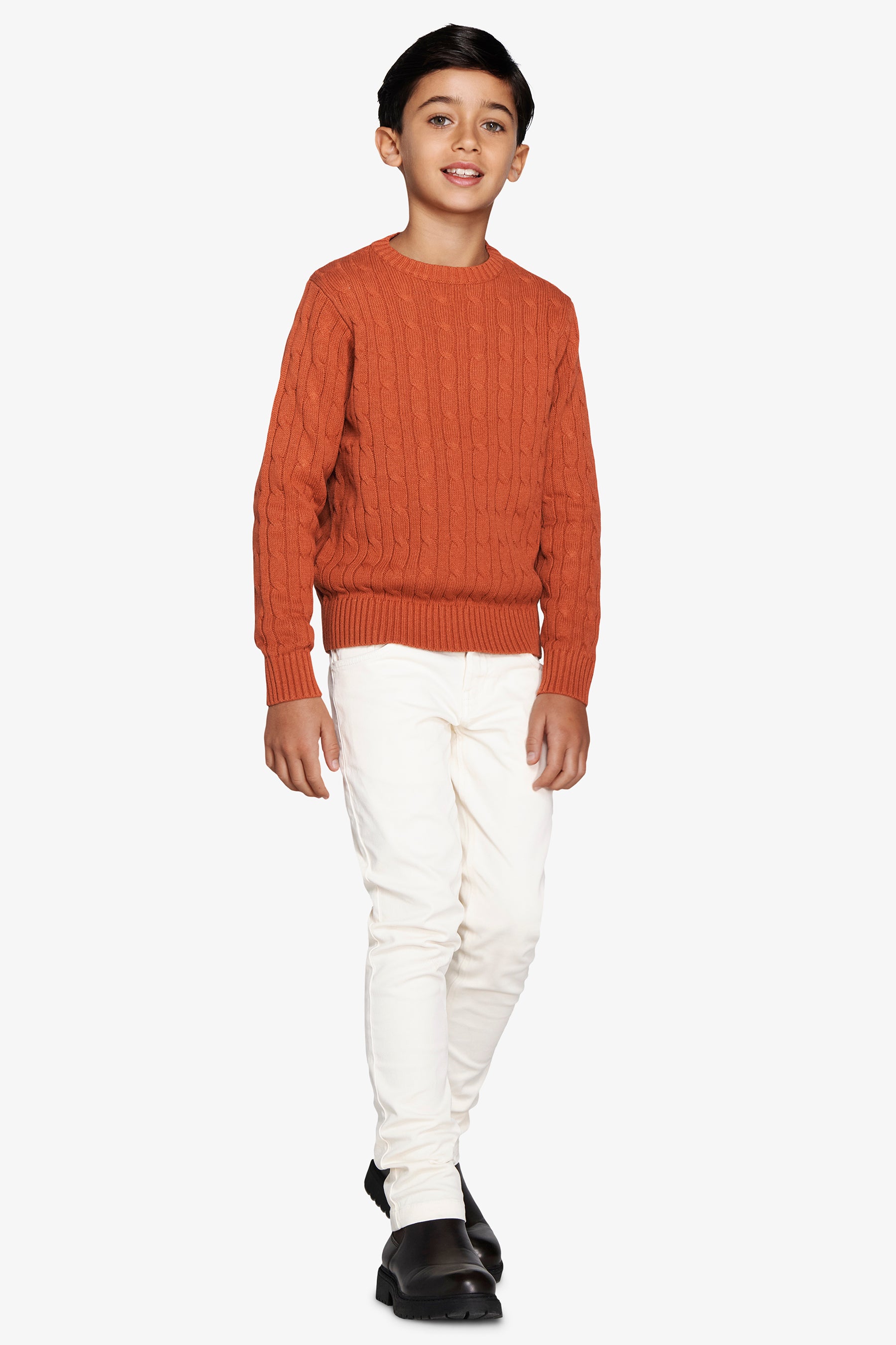 Suéter de cuello redondo con trenza naranja para niños