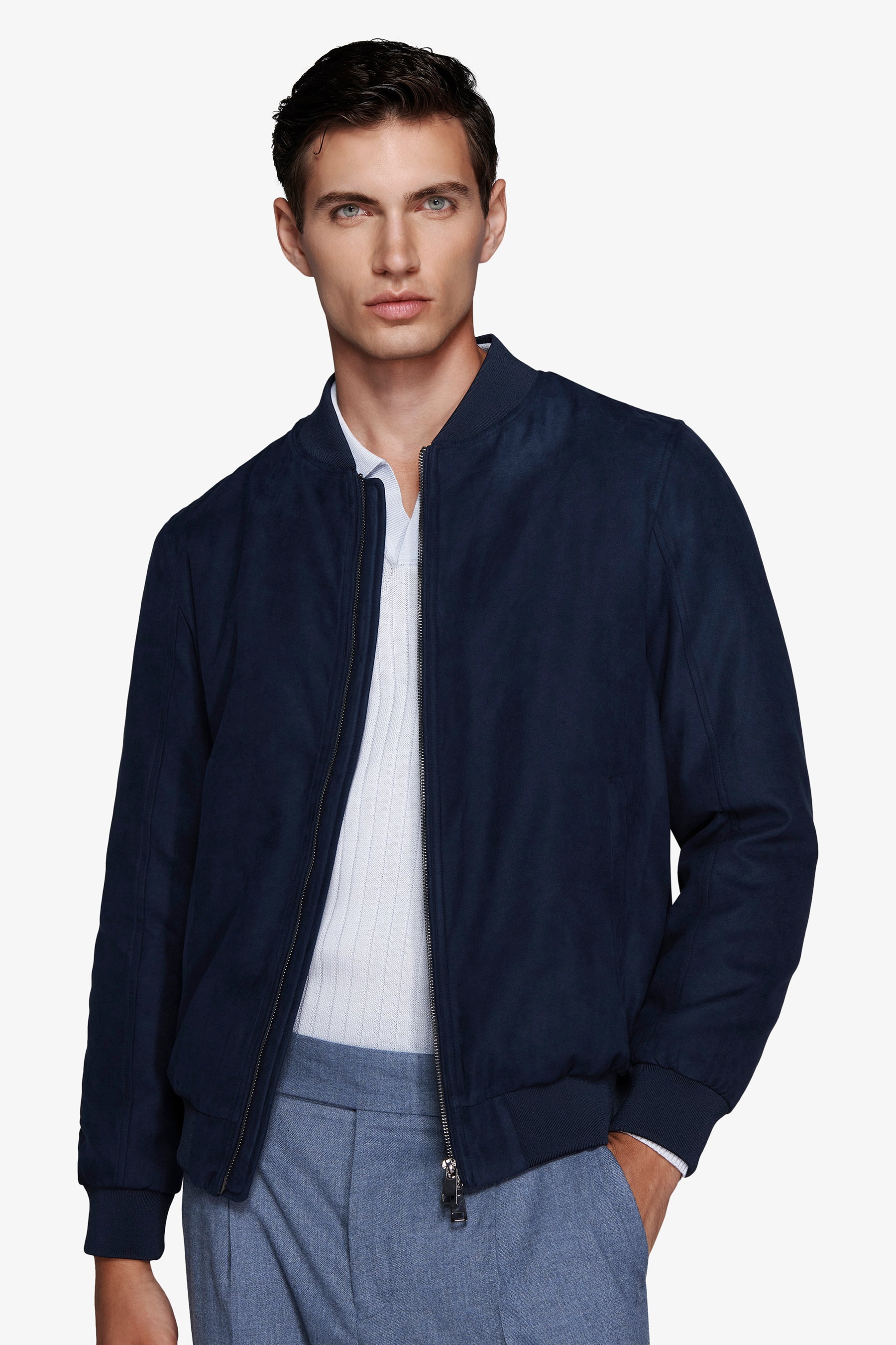 Cazadora bómber con cremallera completa en ante ecológico azul azafata