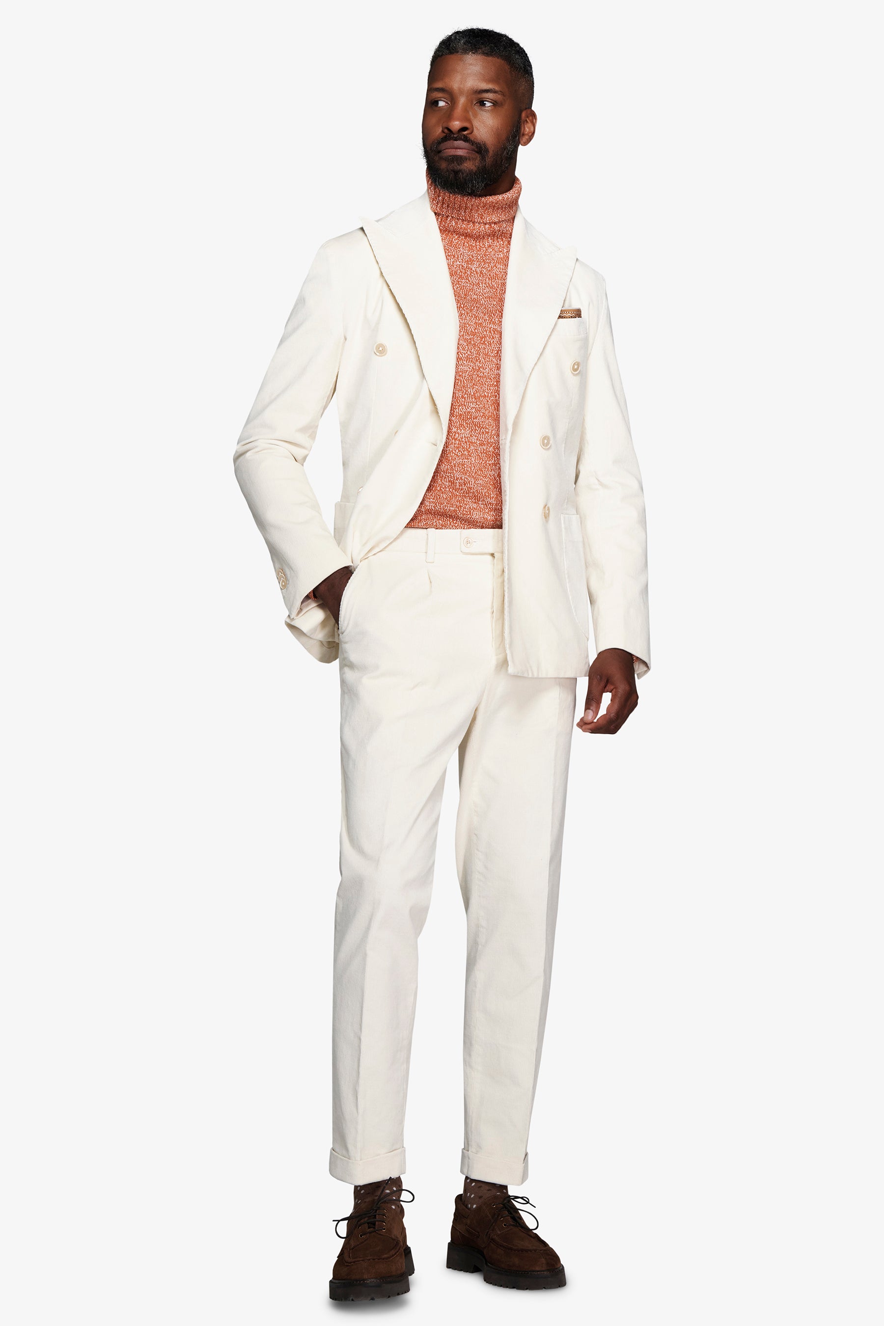 Cream double-breasted blazer in fine-cord corduroy