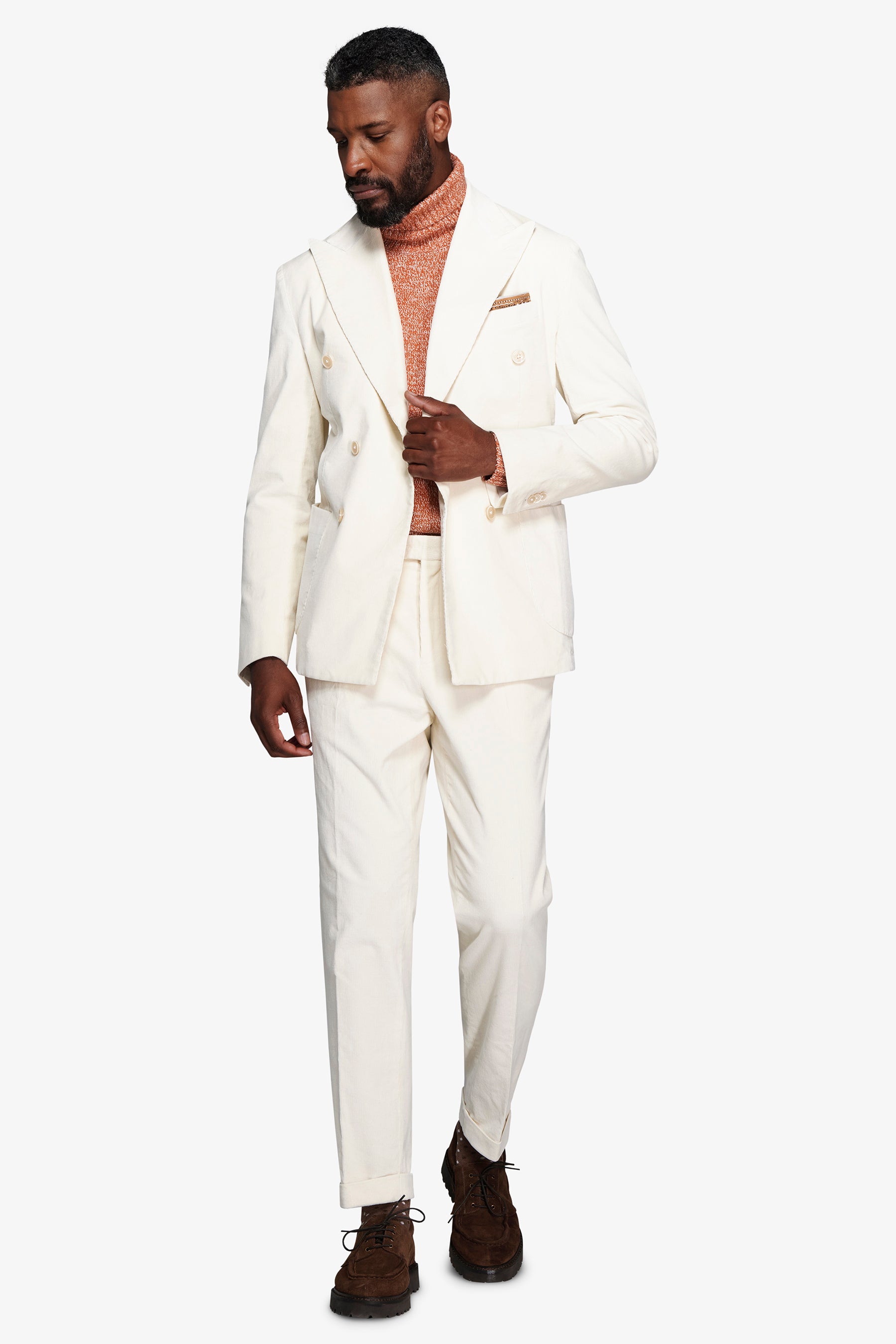 Cream double-breasted blazer in fine-cord corduroy
