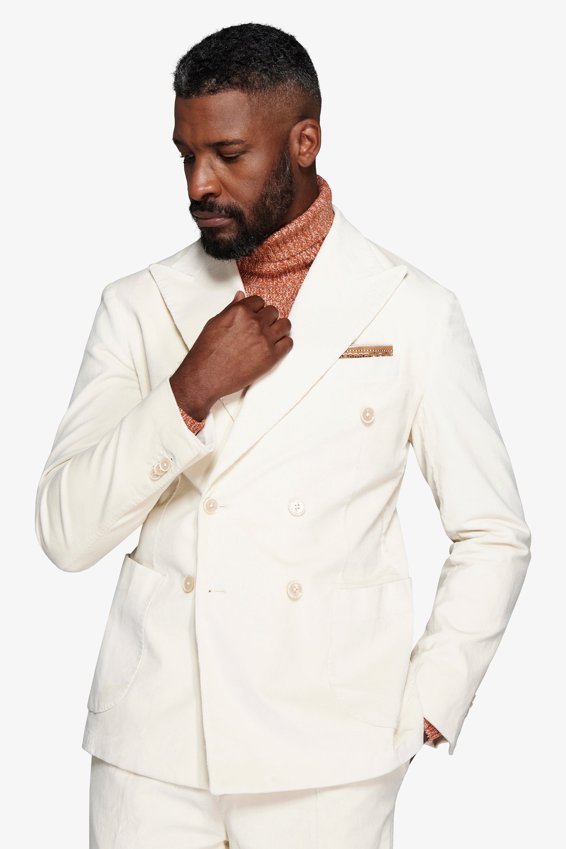 Cream double-breasted blazer in fine-cord corduroy
