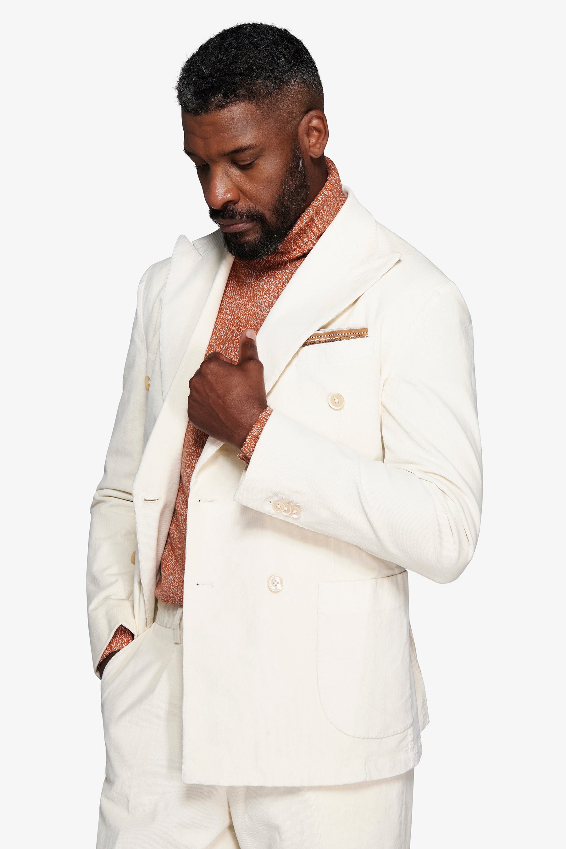 Cream double-breasted blazer in fine-cord corduroy